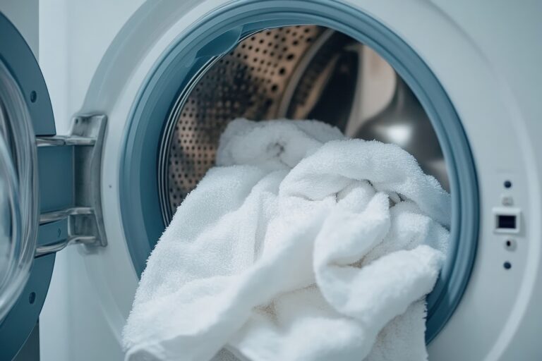Open washing machine with clean white towels inside Generative AI
